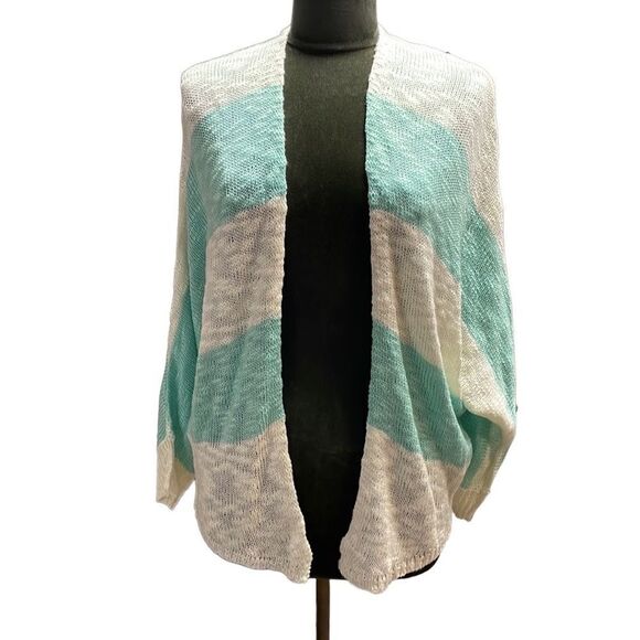 PINK ROSE Womens Lightweight Knit Open Front Sweater Cardigan Teal White Size L - Picture 2 of 7